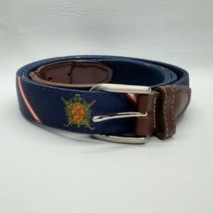 Navy Crest Webbing Belt with Brown Leather Trim